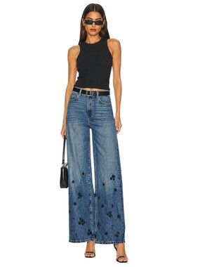 DL1961 Hepburn Embellished Wide Leg High Rise Crystal Floral 32 Medium Wash